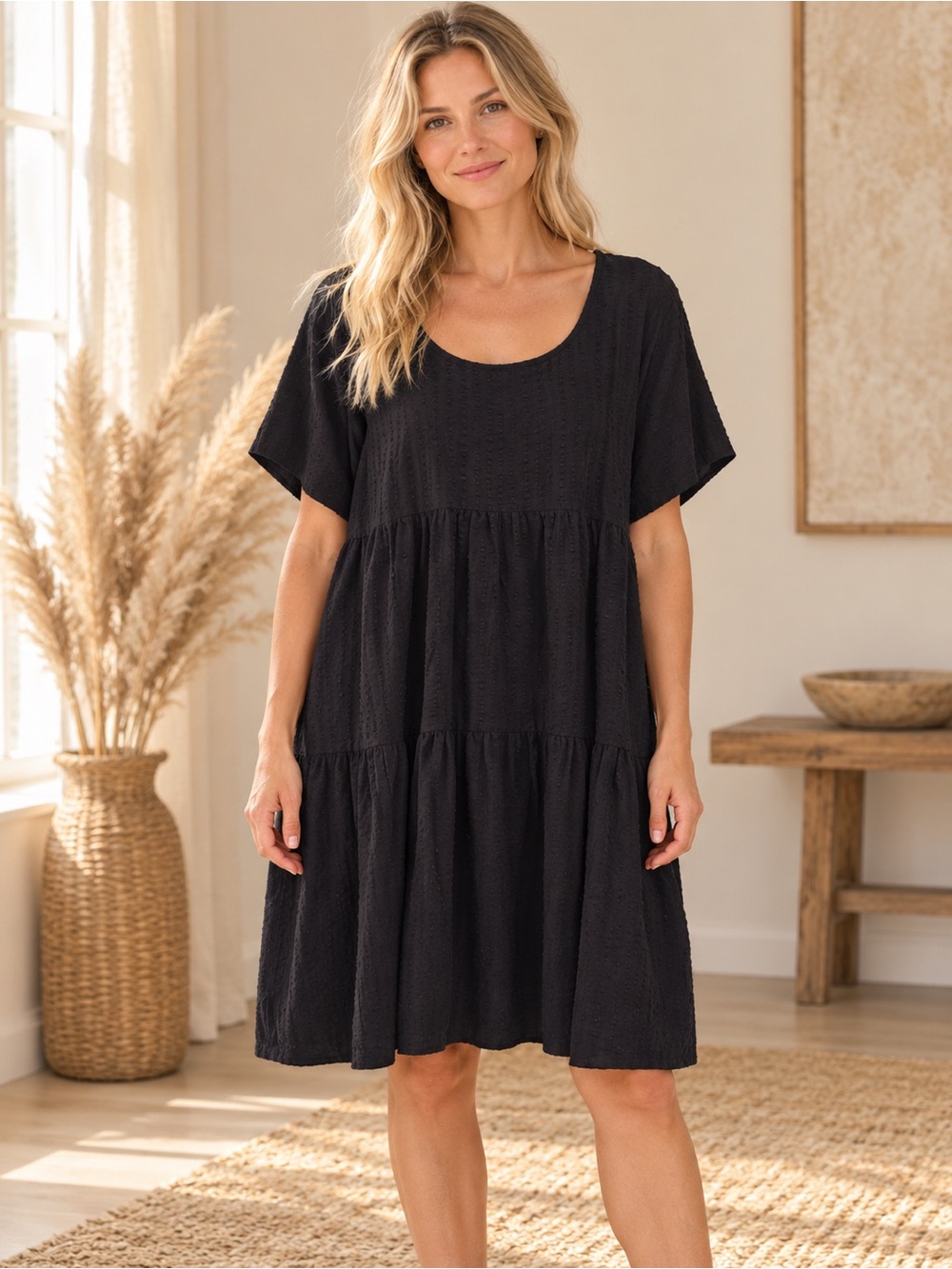 a new day Black Tiered Scoop-Neck Mini Dress Boho Aesthetic